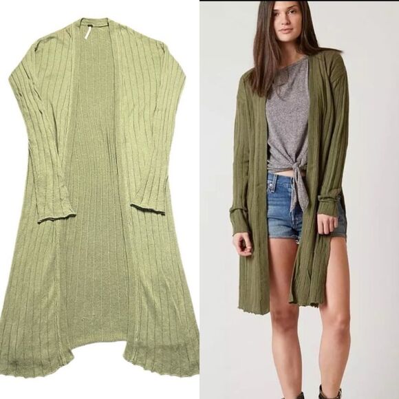 FREE PEOPLE Ribby Rib Cardigan Sweater Green Size Small - Picture 1 of 12